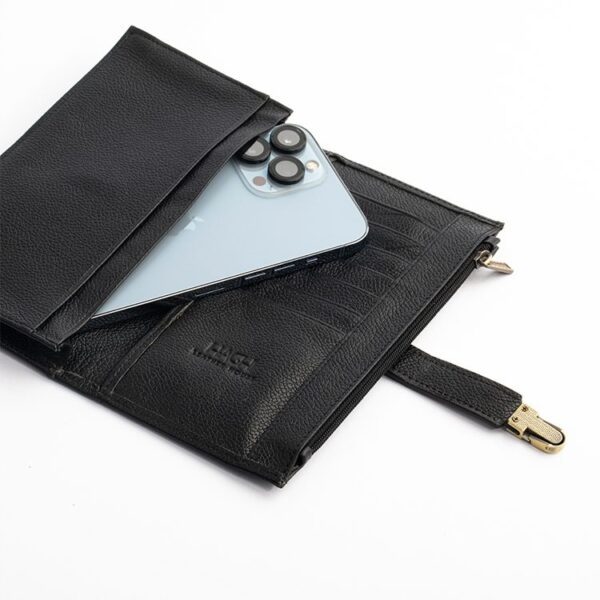 ست چرمی اصل کیف پول زنانه مشکی نمای داخل کیف مناسب برای موبایل و گوشی